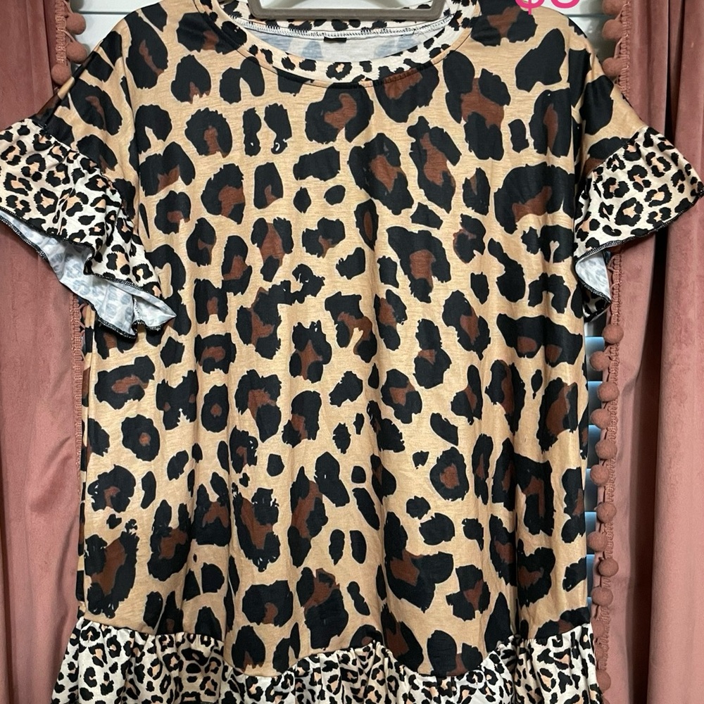 Leopard Print Ruffle Sleeve Women's Blouse - Tan/Black/Brown